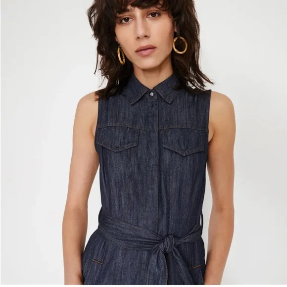 Warehouse Denim Mini Dress Sleeveless Tie Waist Pockets Dark Wash Size 6 Small - Picture 2 of 10